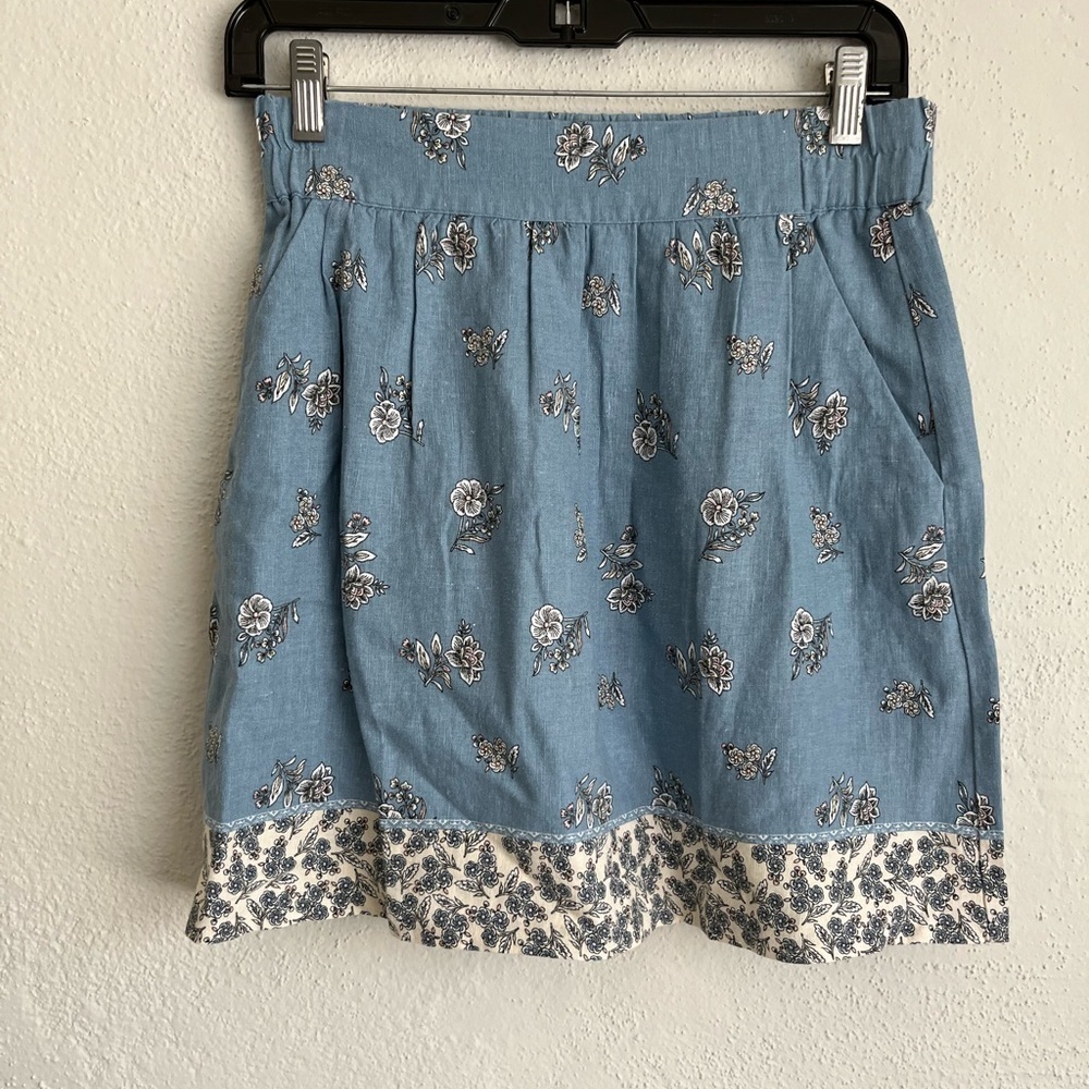 Loft Woman Blue Pockets Floral Linen Skirt, Size XXS/P